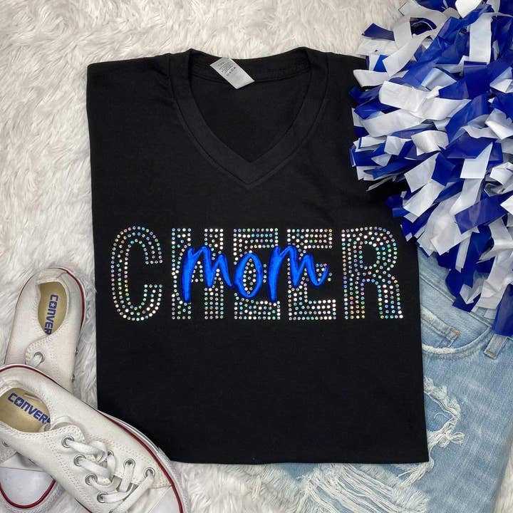 Cheer Mom Silver Spangle Blue Puff V-Neck Short Sleeve for wholesale by Dockery Corporation