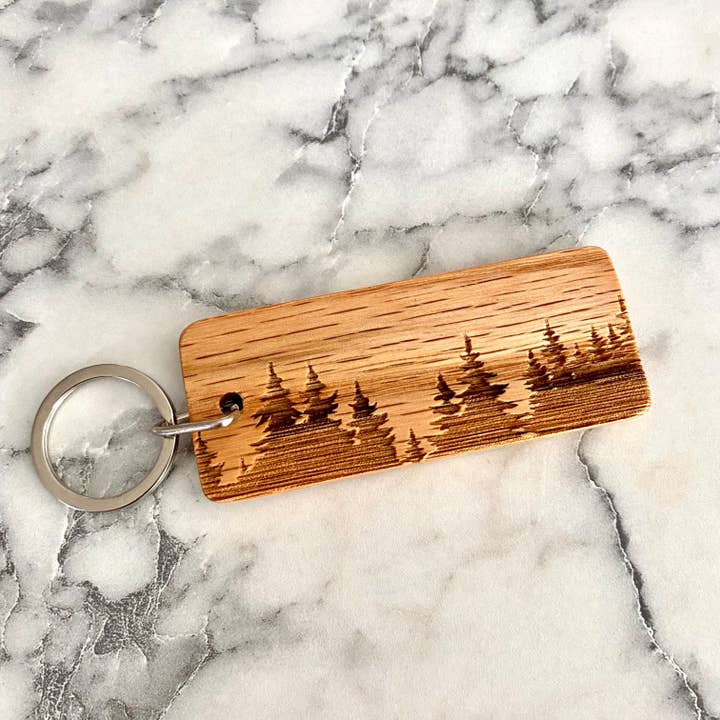 Munsell Made - Wholesale Keychain - Unisex - Engraved Wood Treeline Silhouette Keychain