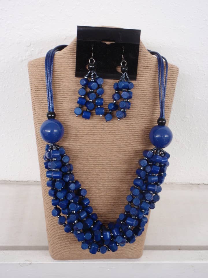 BLUE WAX CORD WITH BLUE ROUND BALL WOOD BIB STYLE NECKLACE for wholesale by International Duru's