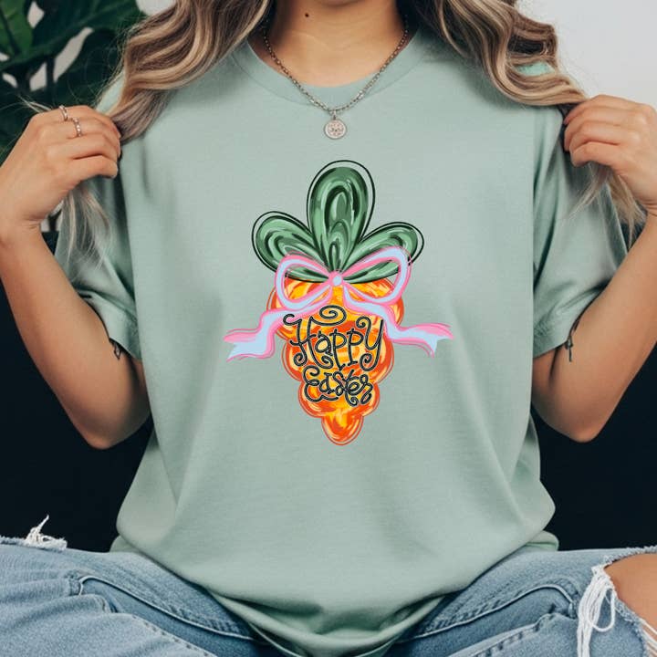 T-shirt Confort Couleurs Nœud Carotte Joyeuses Pâques | Joli T-shirt Graphique Préppy de Pâques pour la vente par Pressed in Chaos