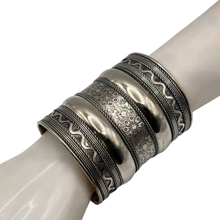 Etched Silver-Tone Statement Cuff Bracelet 3" for wholesale by Treasure Jewelry