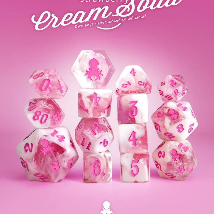 Strawberry Cream Soda 14pc TTRPG Dice Set with Pink Ink for wholesale by Kraken Dice