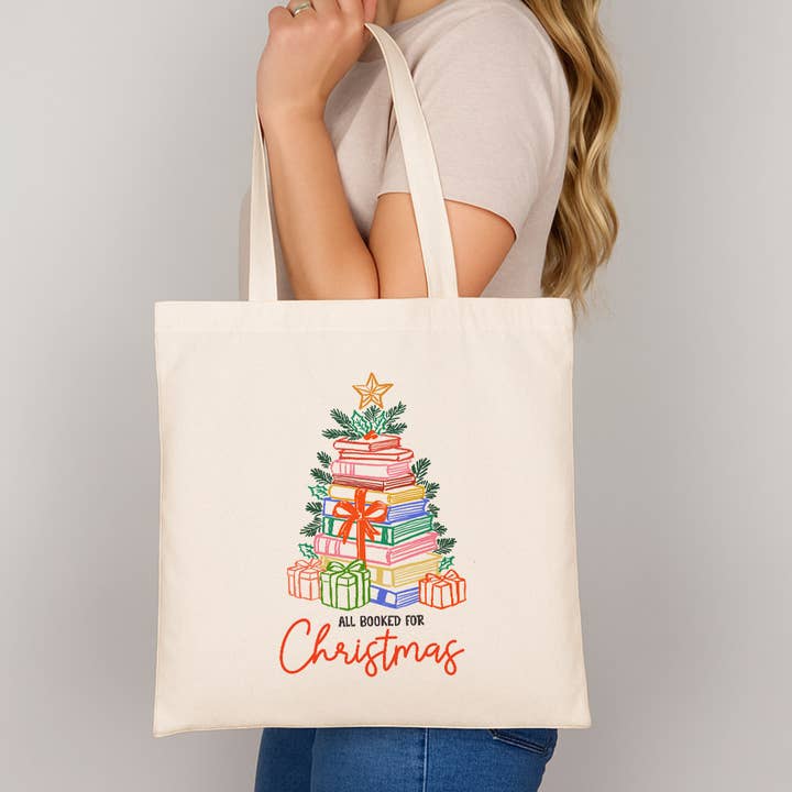 Doodles All Booked for Christmas Holiday Canvas Tote Bag for wholesale by WhiteWolfeDesign