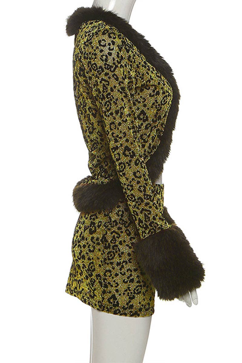 YELLOW Faux Fur Trim Leopard Skirt Set for wholesale on Faire3