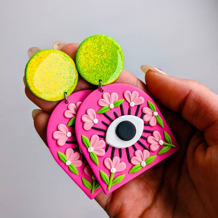 Slow Day Studios – wholesale Dangle earrings – Hot Pink Evil Eye Polymer Clay Statement Glitter Dangle