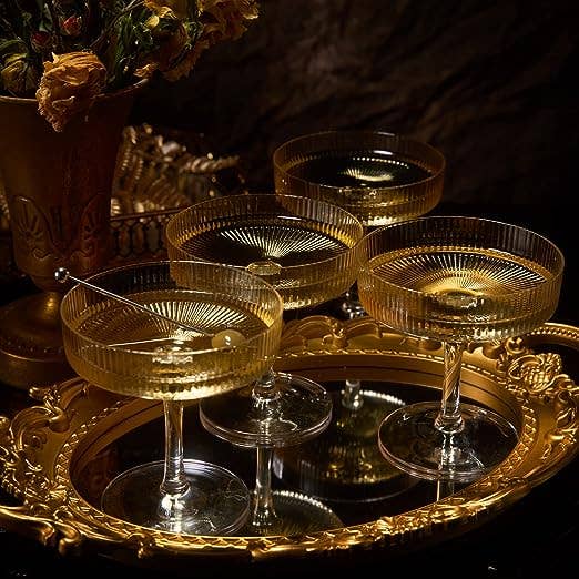 The Wine Savant / Khen Glassware - Wholesale Cocktail/Liquor Glass - Coupe Glasses Ribbed Coupe Cocktail Glasses 7 oz | Set of 4