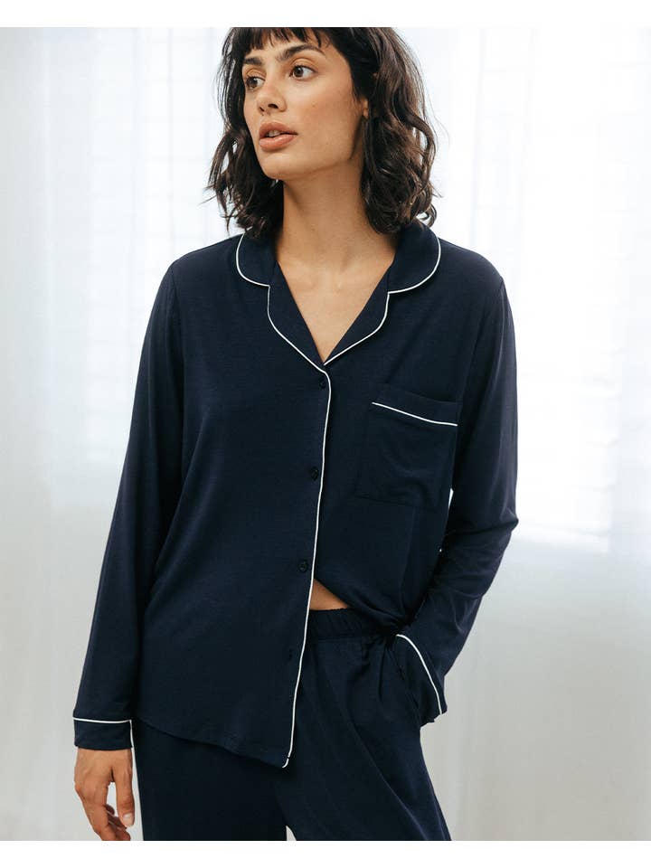 Flåde TENCEL™ Modal Langt Pyjamasæt med Knapper - Marineblå for engroshandel på Faire3