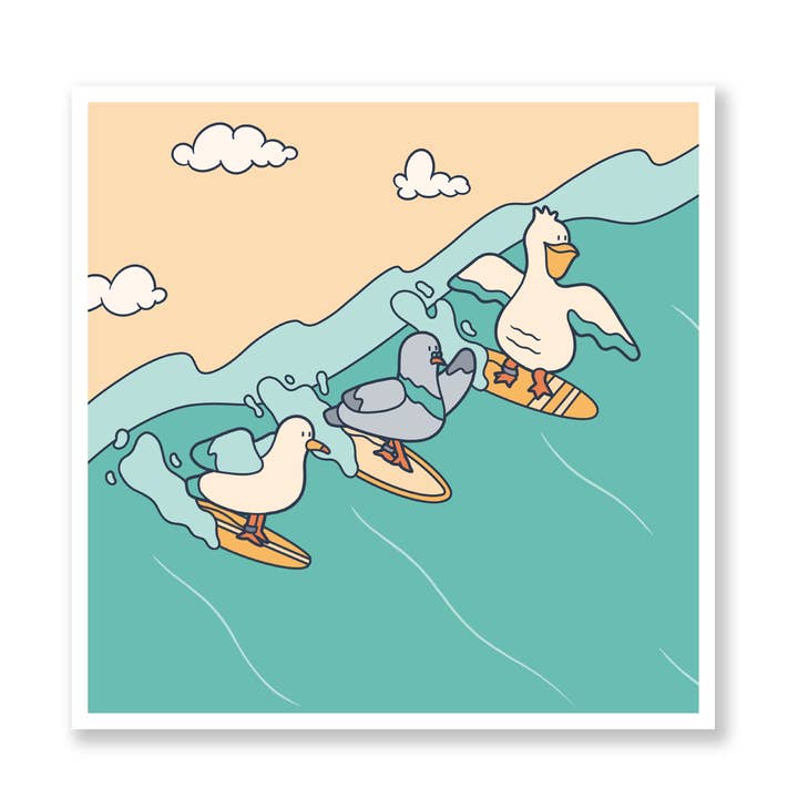 Surfer Bird Trio Party Wave Wall Art Print for wholesale by Chie Tamada