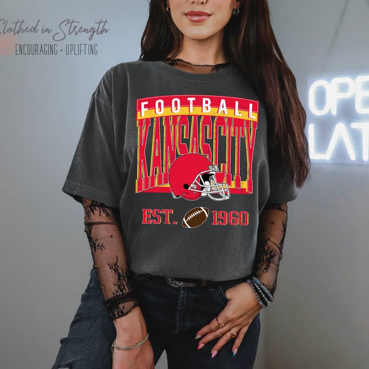 Kansas City Football Vintage Style Comfort Colors Tee for wholesale by Clothed in Strength