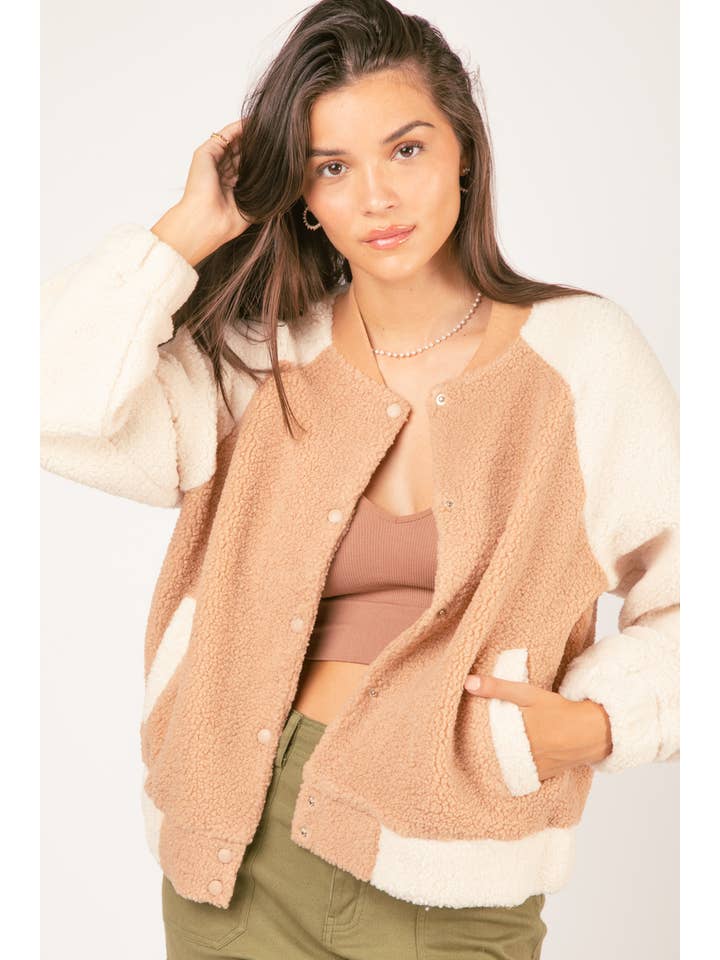 VERY J - Wholesale Fleece - Women's - NJ90195-Raglan Sleeve Oversized Color Block Fleece Jacket10