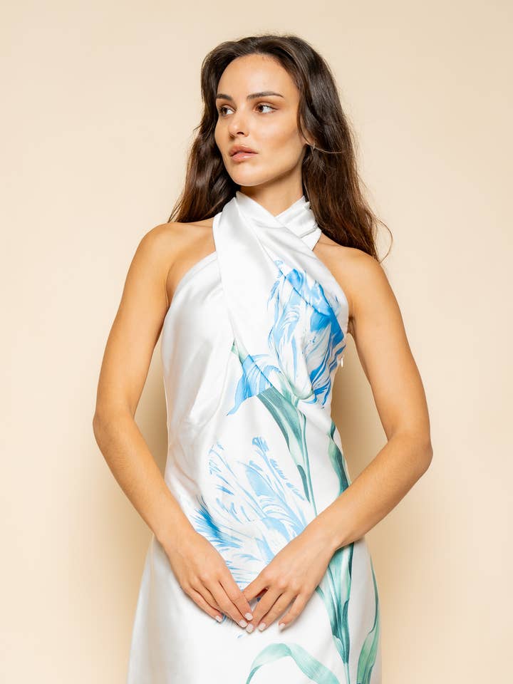 Robe mini à imprimé floral en satin avec lien à nouer autour du cou-DI11537FO pour la vente par Fore Collection