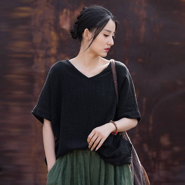 UZ Wholesale Store - Wholesale Tunic - Women's - Solid Color Double-Layer Bamboo Joint Literary All-Match T-Shirt