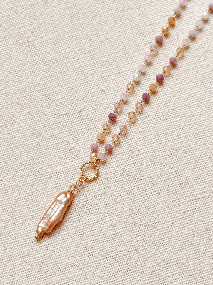 Pink Mix Crystal Link Chain Keshi Pearl Pendant Necklace for wholesale by Gracie Rose Designs