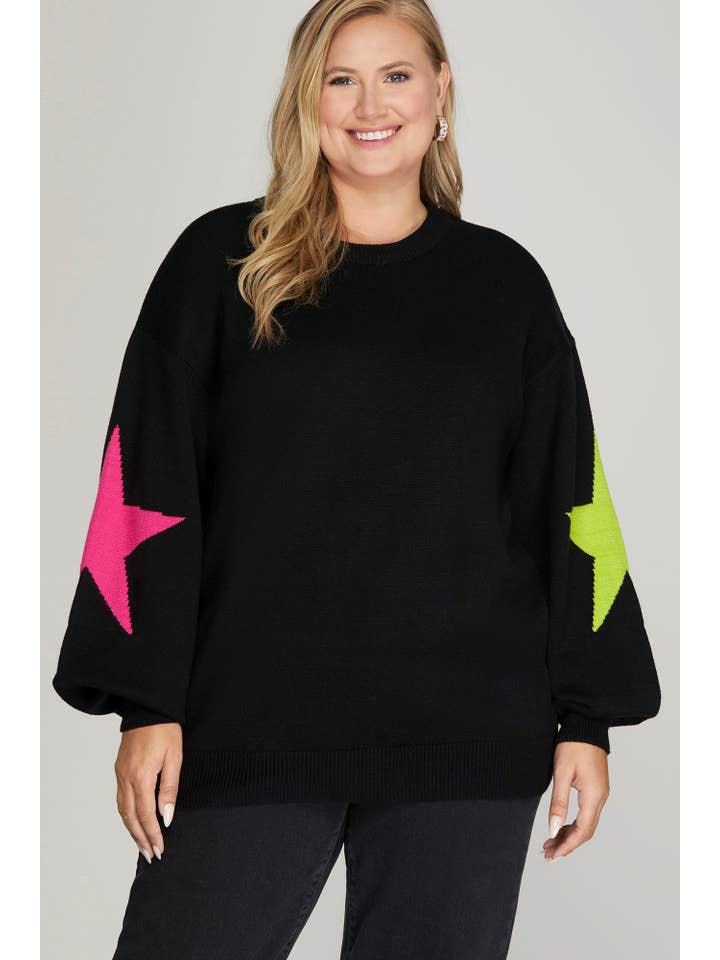 Vanilla Monkey - Wholesale Knit Sweater - Women's - Plus Sweater Top With Star Pattern Sleeves2
