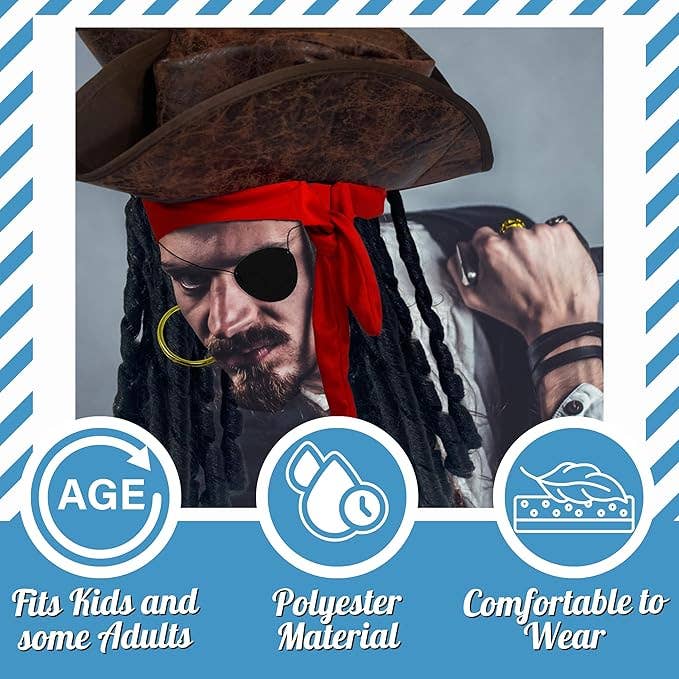 4E's Novelty - Wholesale Costume - Unisex - 3 Pcs Set Pirate Accessories - Eye Patch, Pirate Hat with Dreadlocks Hair & Red Bandana1