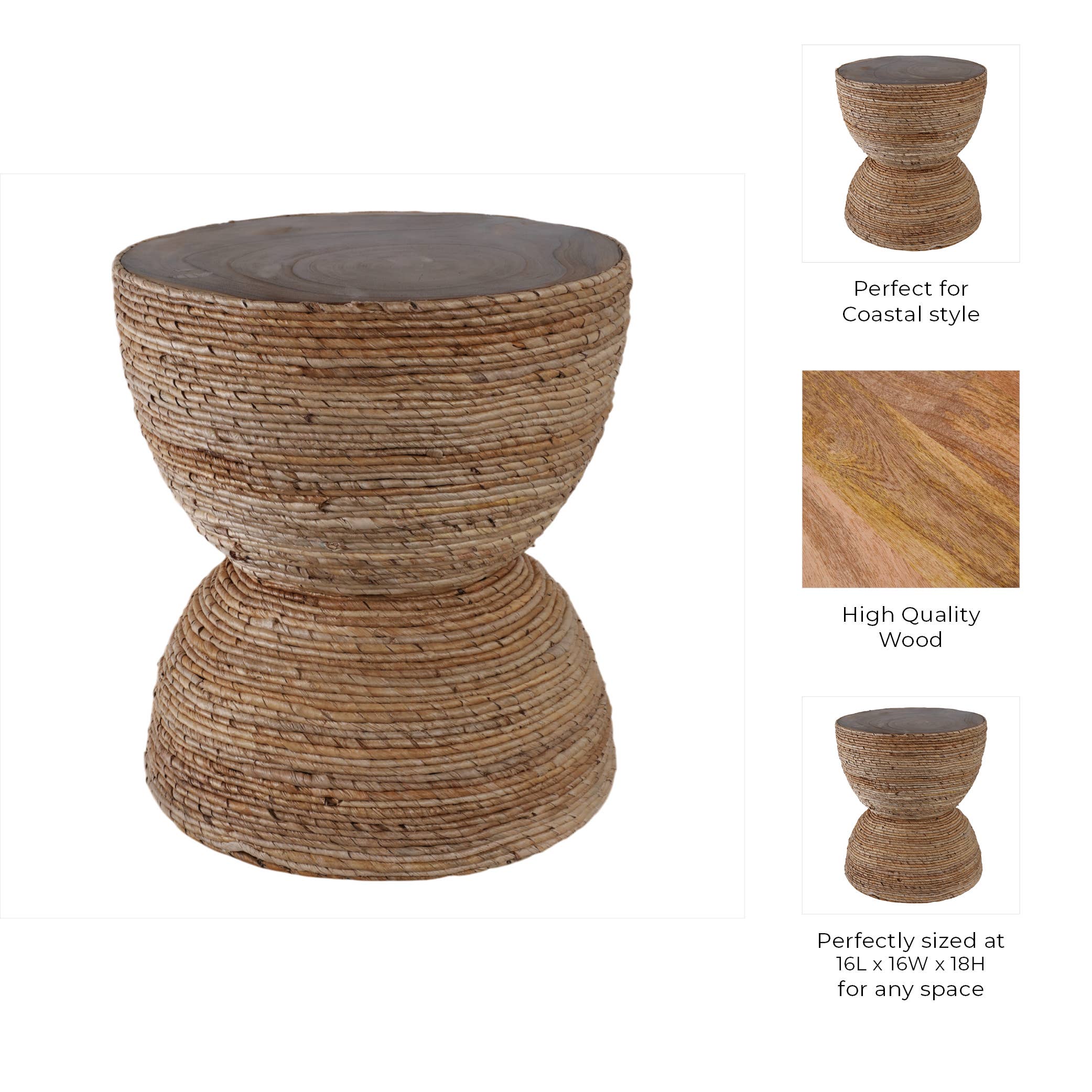 Sagebrook Home - Wholesale Side Table - End Table - Brown Wood Woven Banana Leaf Design, 18 in.2