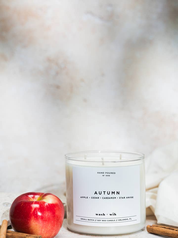 Autumn Soy Wax Candle | Fallen Leaves Scented - 3 Wick for wholesale by Wash and Wik