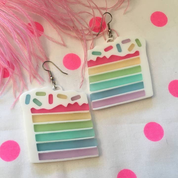 I'm Your Present - Wholesale Dangle Earrings - Pastel Rainbow Layered Cake Slice And Sprinkles Earrings, Laser Cut Acrylic, Plastic Jewelry2