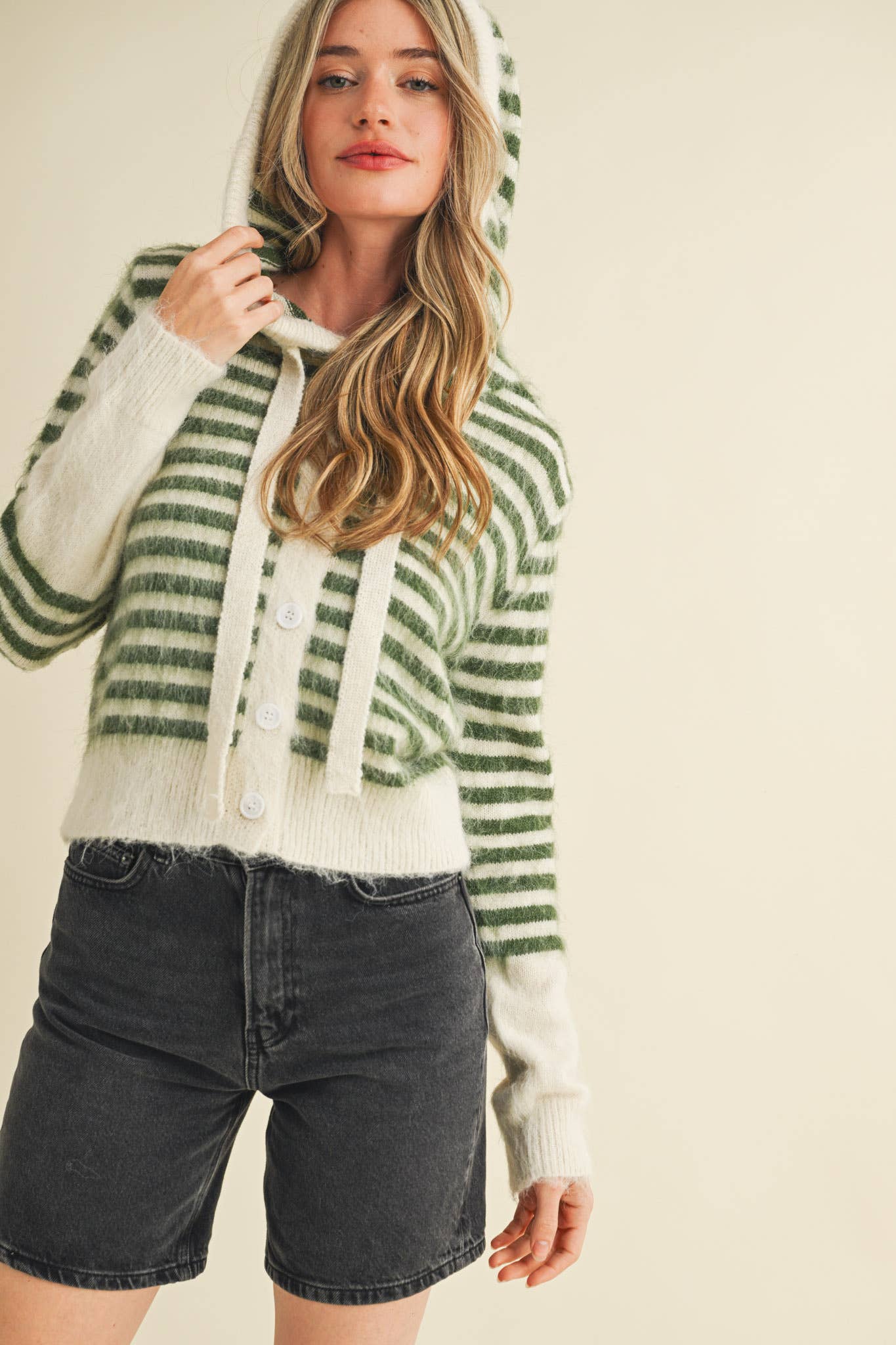 &MERCI - Wholesale Cardigan - Women's - STRIPED HOODIE SWEATER CARDIGAN MSW1106350