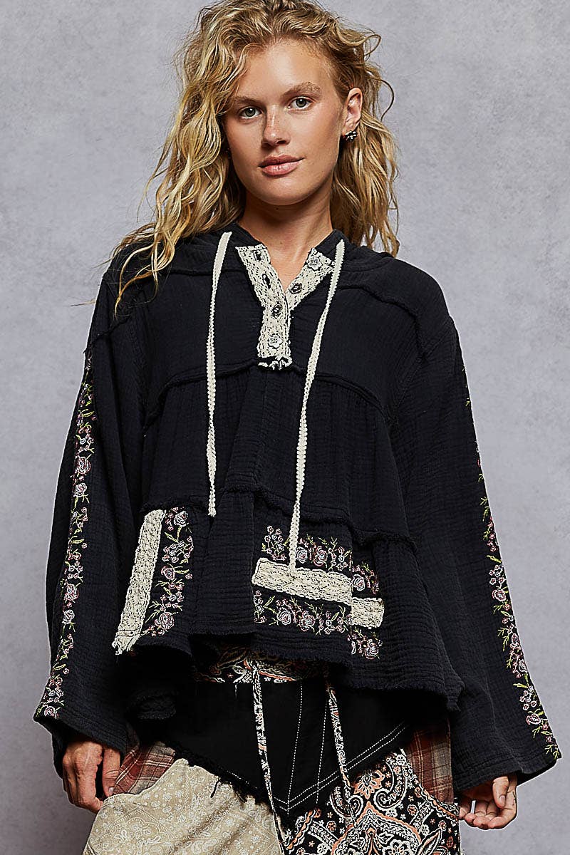 Pol Clothing - Wholesale Hoodie - Women's - Long Sleeve Double Gauze Embroidery Shirring Woven Top0