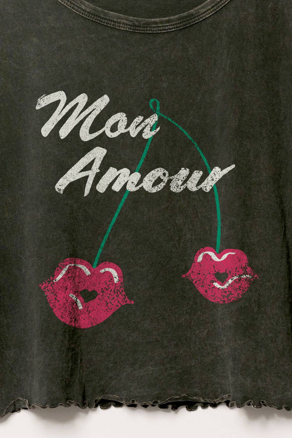 CHARCOAL Mon Amour Round Neck Lettuce Edge Graphic Tee for wholesale on Faire1