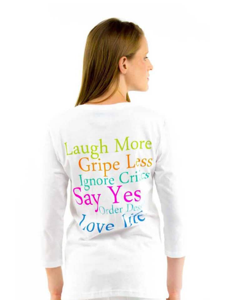 Multi "Laugh More" 3/4 Sleeve Cotton Tee for wholesale on Faire