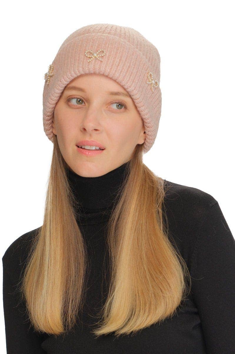 MiMi Wholesale - Wholesale Beanie - Women's - HTE0148 Three Pearl Bow Charm Cuff Beanie9