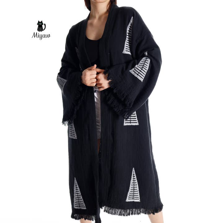 Boho Black White Pyramid Stamped Organic Cotton Bath Robe - Beach Kimono for wholesale on Faire