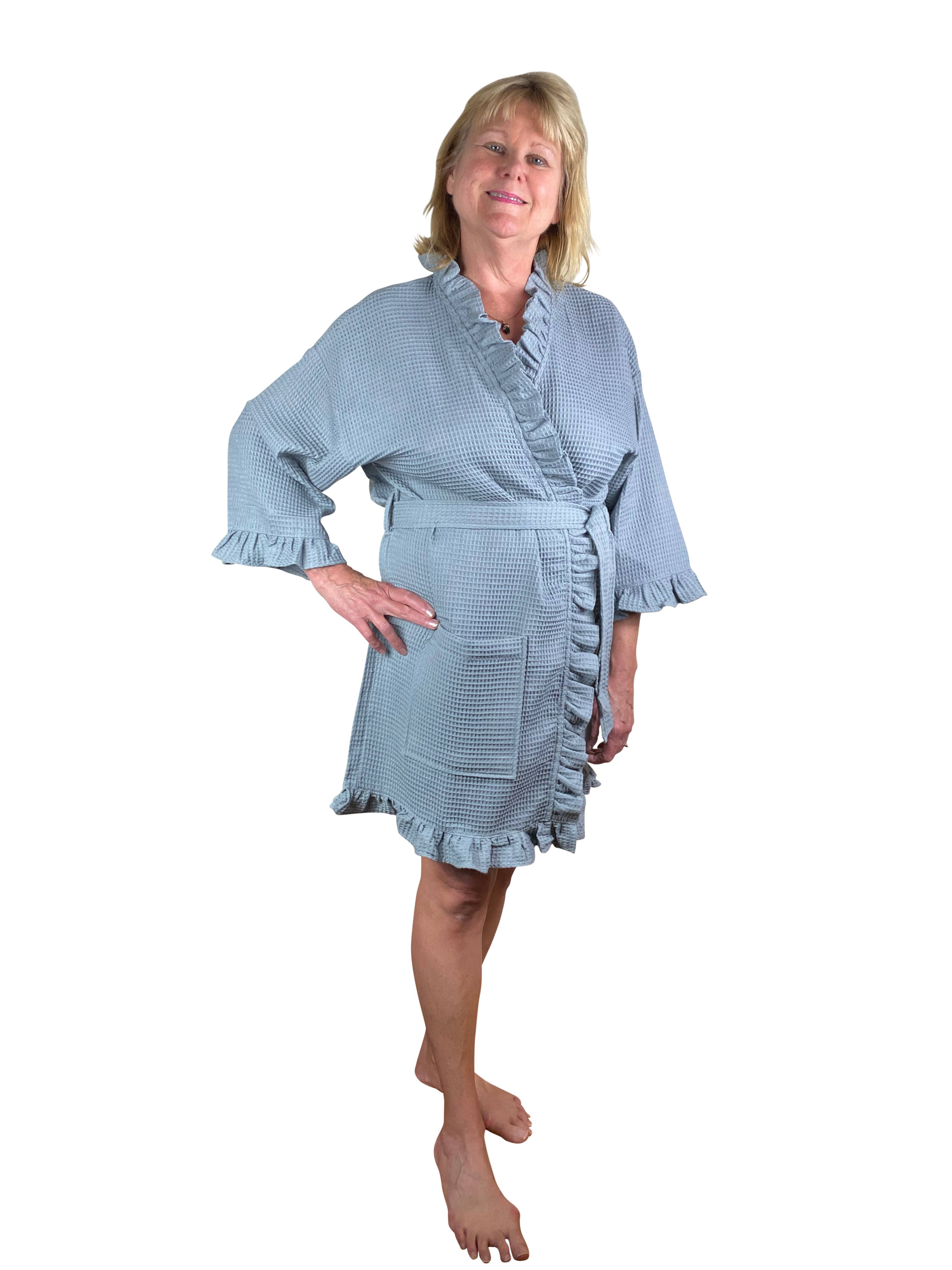 Alan Pendergrass Robes - Wholesale Robe - Women's - Kimono Cotton Waffle Ruffle  Robe, 36"3
