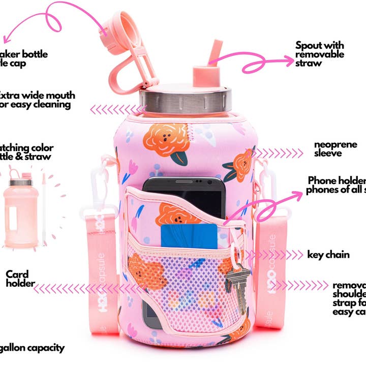 H2O Capsule – Engroshandel Vandflaske – Poppy Love - Wide Mouth carry-all - Halv Gallon vandflaske med opbevaringsmuffe og aftageligt halm