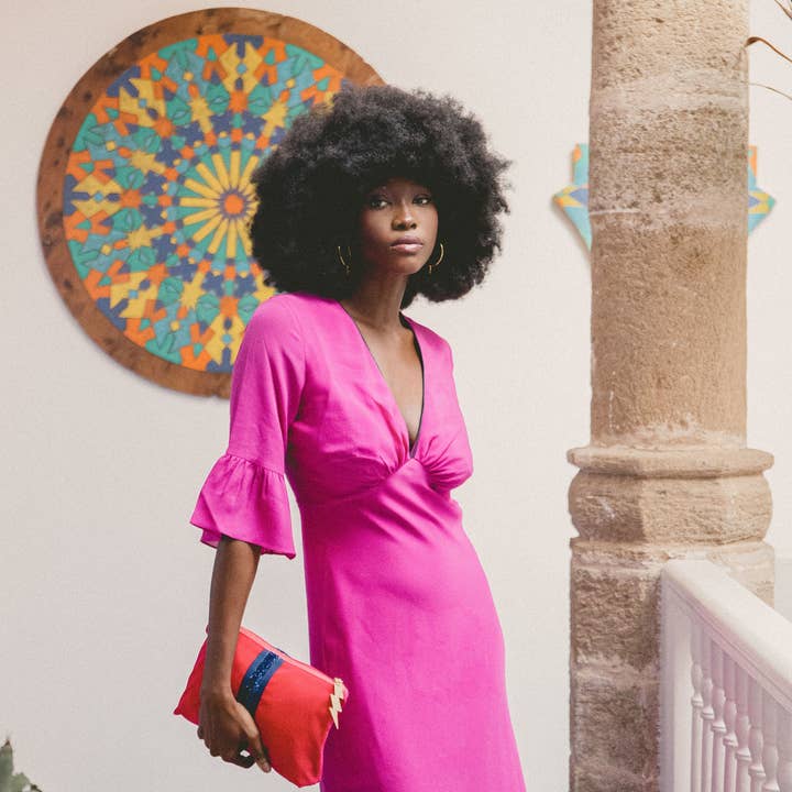 Cockatoo – wholesale Clutch bag – women's – PINK VELVET CLUTCH (BLUE STRIPE)4