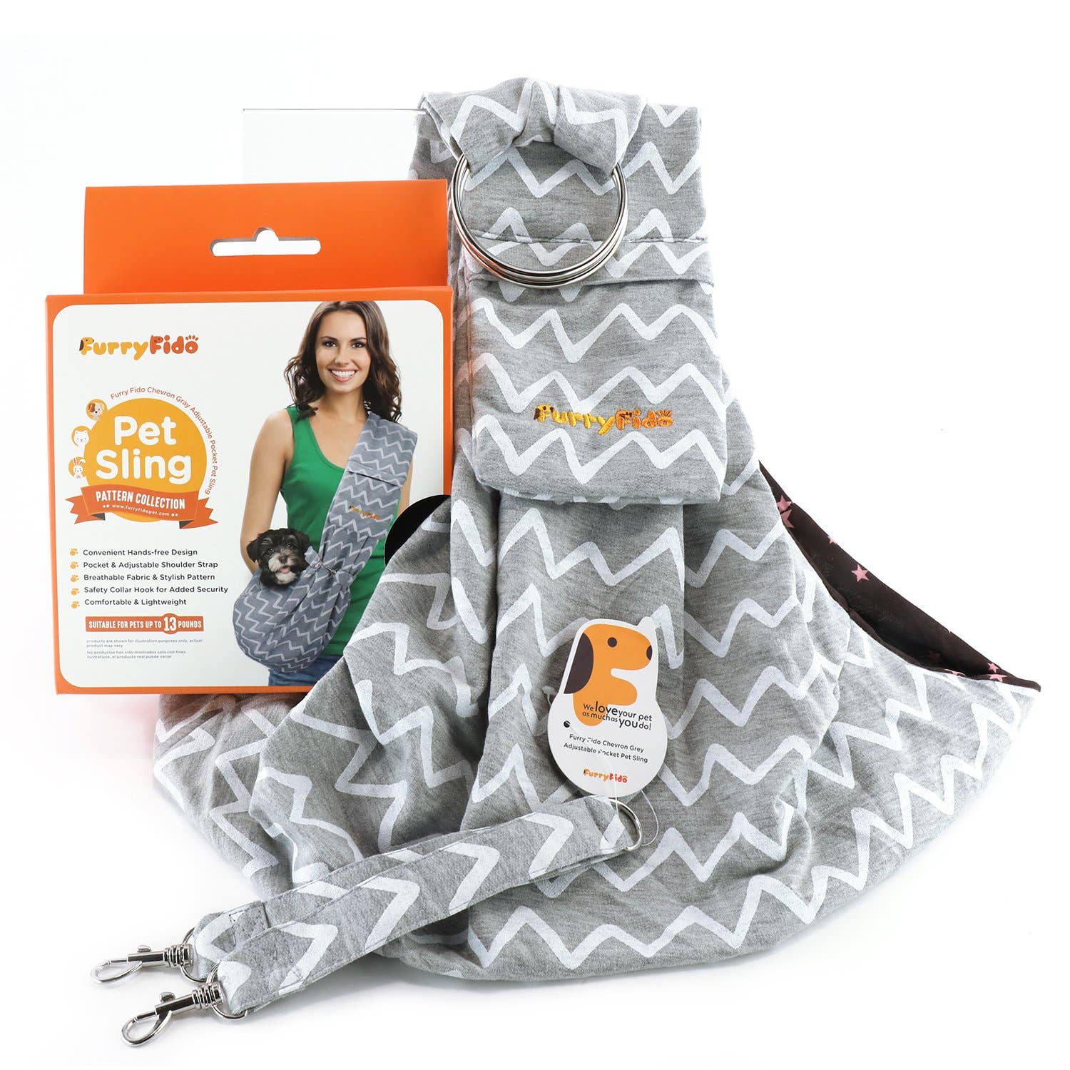Furry Fido Pet Supplies - Wholesale Pet Carrier - Cat/Dog - Furry Fido Chevron Grey Adjustable Pocket Pet Sling8