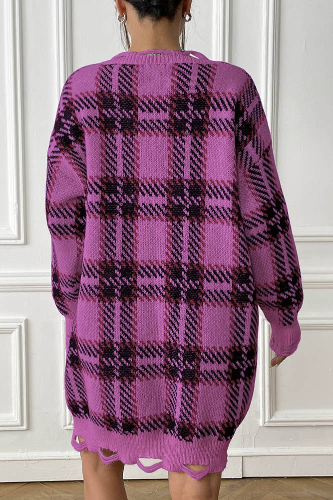 UNISHE – wholesale Dress – Women's – V Neck Plaid Knit Raw Edge One Size Sweater Dress OYM0967