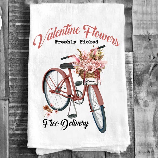 Valentine Flowers Pink Bicycle Flour Sack Cotton Tea Towels for wholesale by Avery Lane Gifts