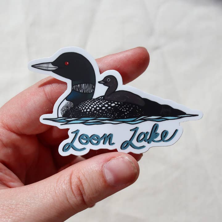 Loon Lake, Loon Mother and Baby Sticker for wholesale by Sisters' Sunflowers