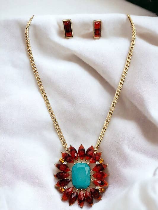 Acrylic Floral Stone Pendant Necklace Set for wholesale by Andrea Bijoux