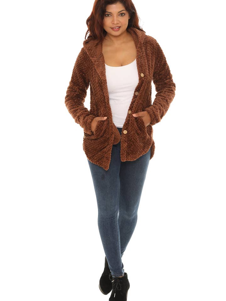 Textured Plush Button-Up Hoodie with Pocket for wholesale by Shoreline Wear. INC