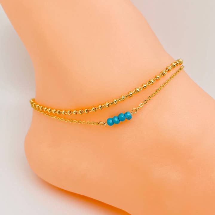 Metal Round Beads Turquoise Double Chain Anklet for wholesale by Mio Queena