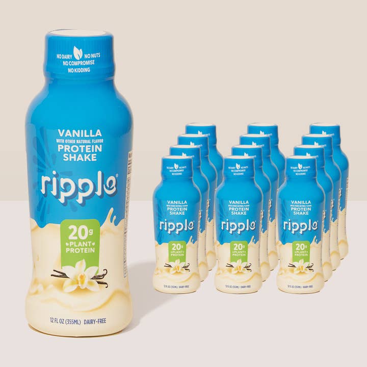 Ripple Foods - Vente Poudres protéinées/superaliments - Ripple Shake Protéiné à la Vanille à Base de Plantes (4 Caisses de 12)1