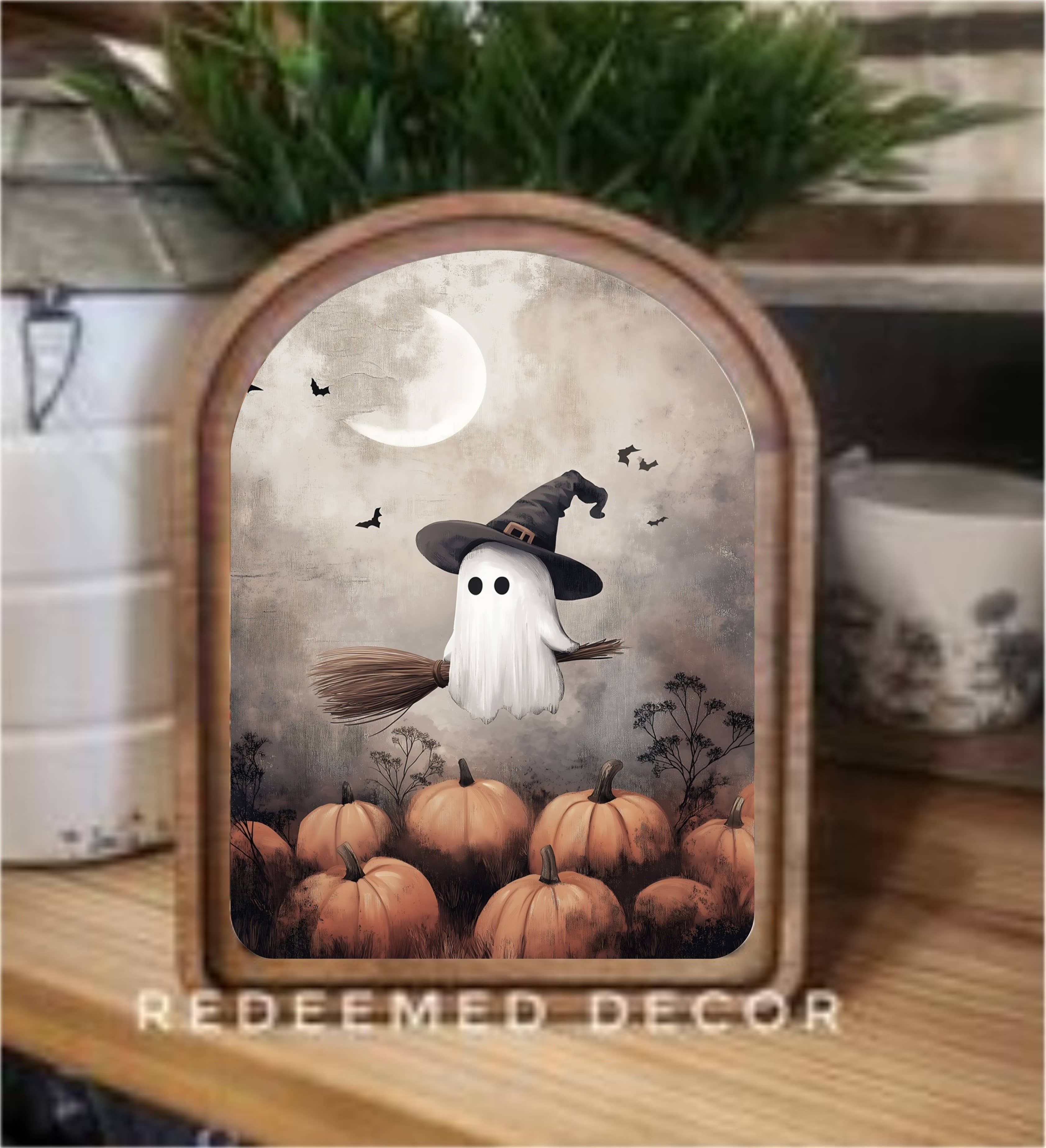 Redeemed Decor - Wholesale Wood Wall Art - Arch Top Ghostie Witch Framed Art