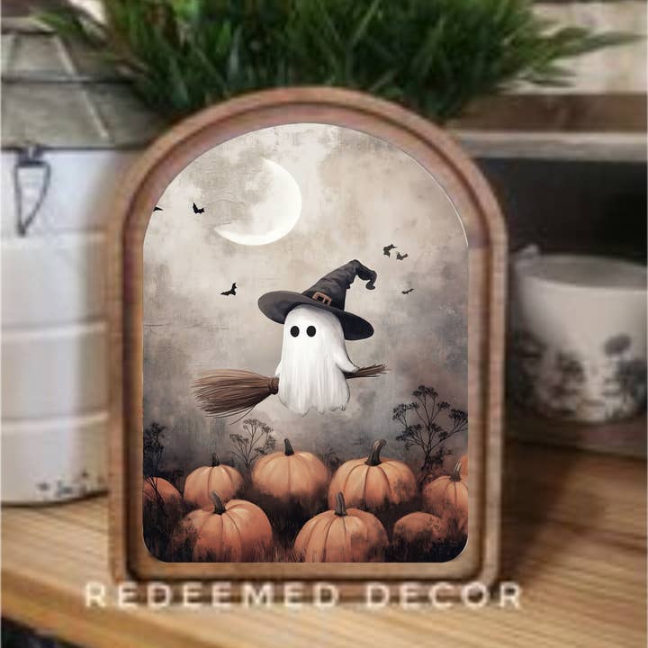 Redeemed Decor - Wholesale Wood Wall Art - Arch Top Ghostie Witch Framed Art 0