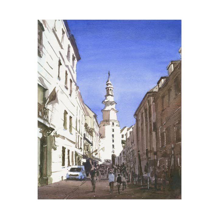 Michaels Gate in Old Town Bratislava Slovakia colorful citysccape Eastern Europe handmade item watercolor landscape (print) for wholesale by Ryan Fox Fine Art