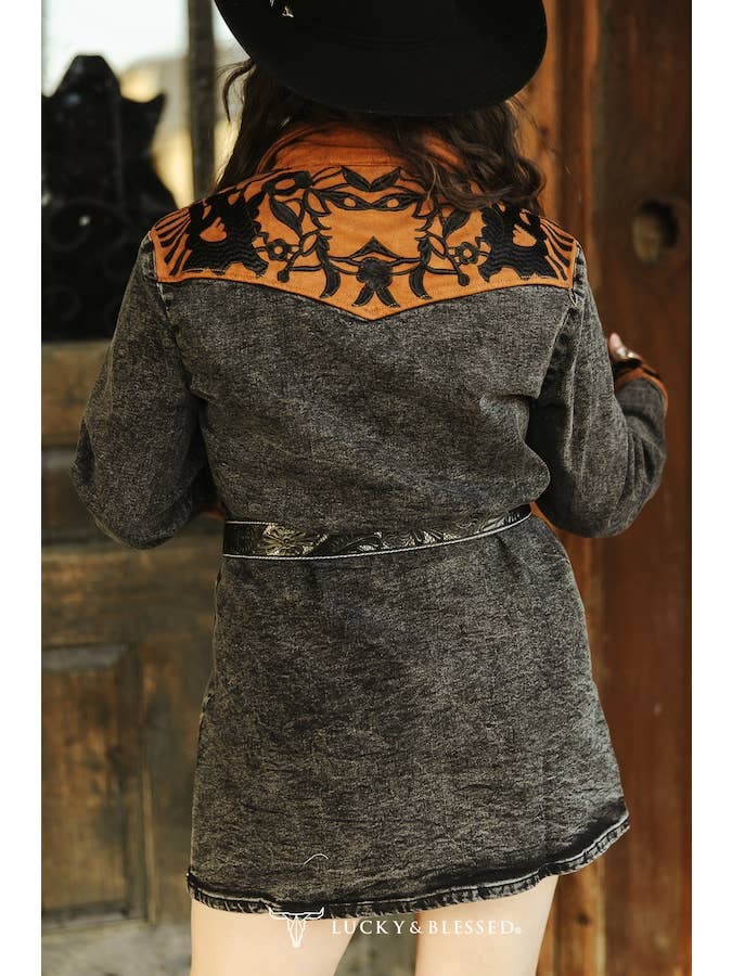 LUCKY & BLESSED - Wholesale Dress - Women's - Plus Size Black Suede Embroidery Dress W Camel Cuff Yokes