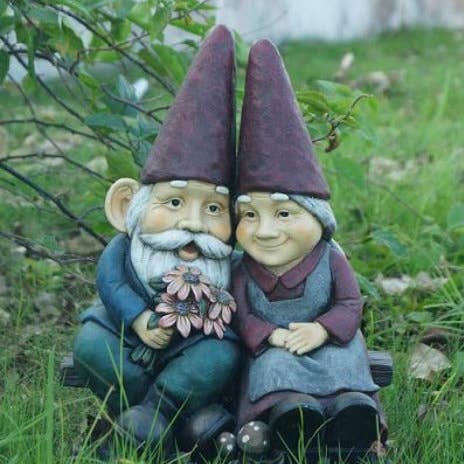 Old Gnome Couple On Bench for wholesale by Hi-Line Gift Ltd.