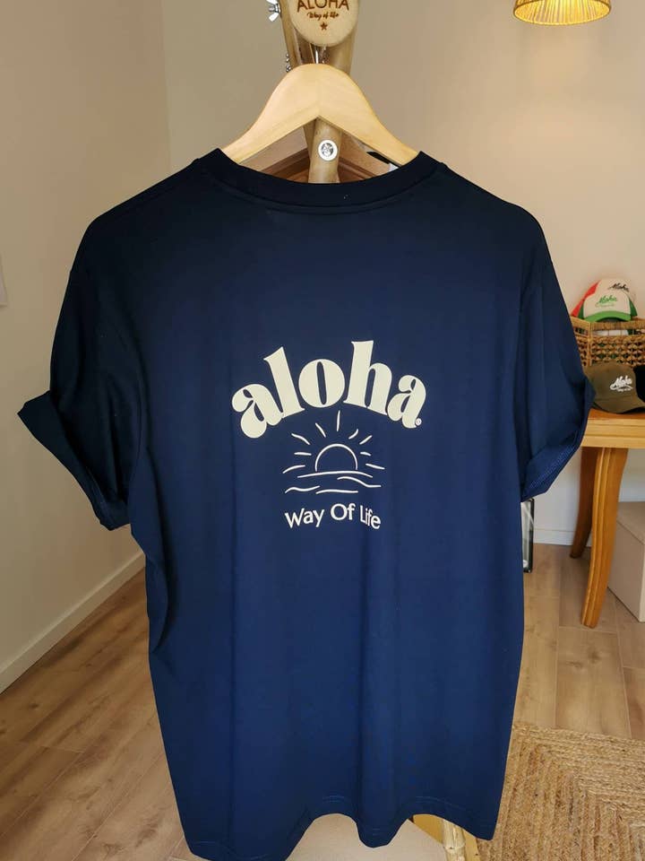 100% økologisk bomuld T-shirt. „Aloha nedgående sol“, blå. for engroshandel hos ALOHA WAY OF LIFE