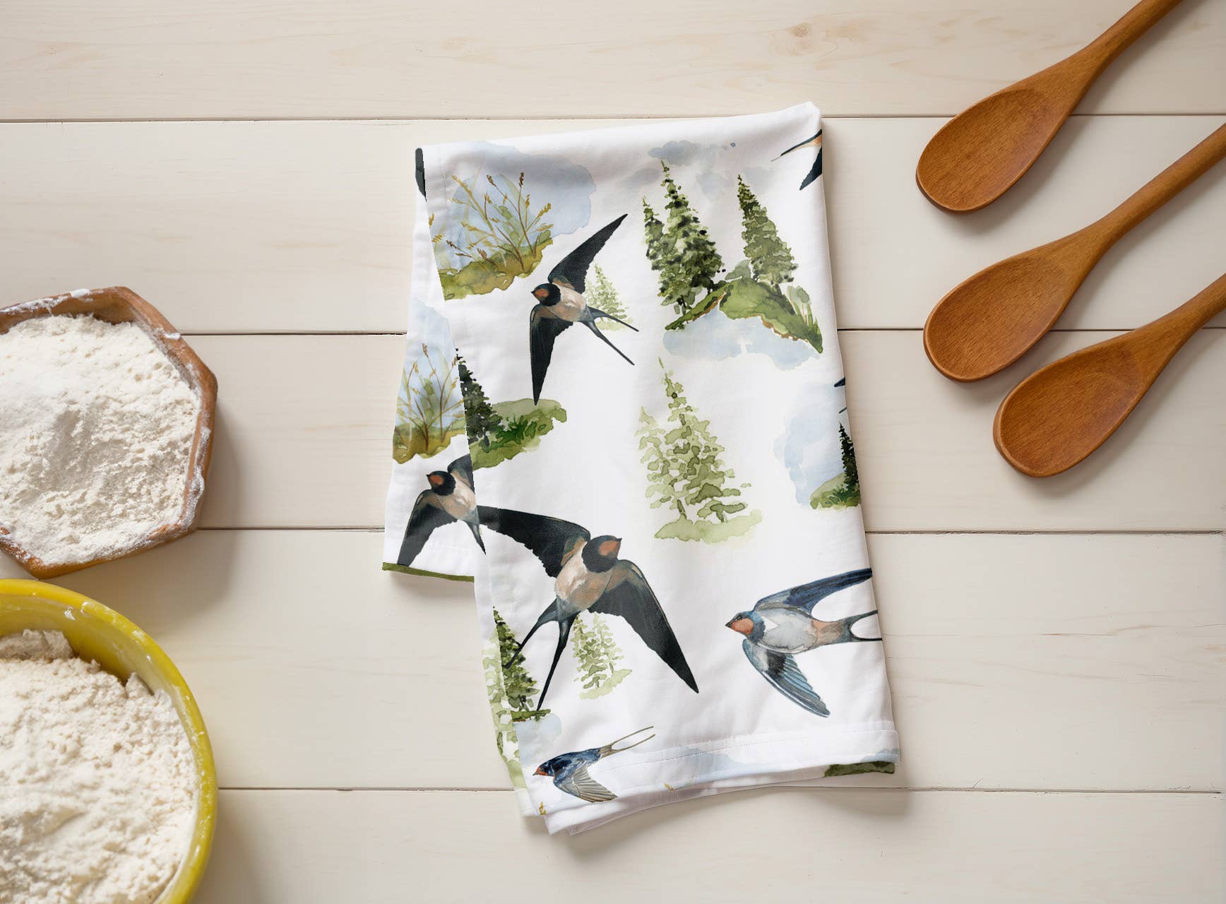 Kasey Melissa Art – wholesale Tea towel – Barn Swallow and Pines - Linen Tea Towel2