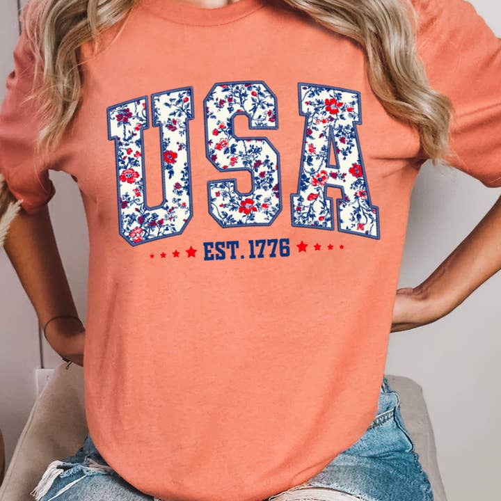 Shoppe SHC – wholesale T-shirt (graphic) – women's – July 4th Graphic Tee | Floral USA | Bella Canvas 12