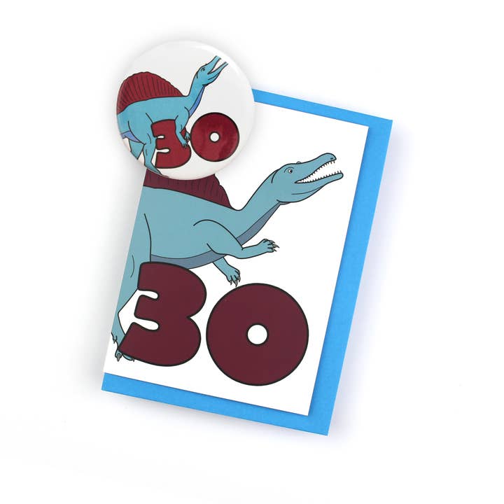 Carte de vœux et badge de dinosaure Number Thirty pour la vente par Dinosaurs Doing Stuff