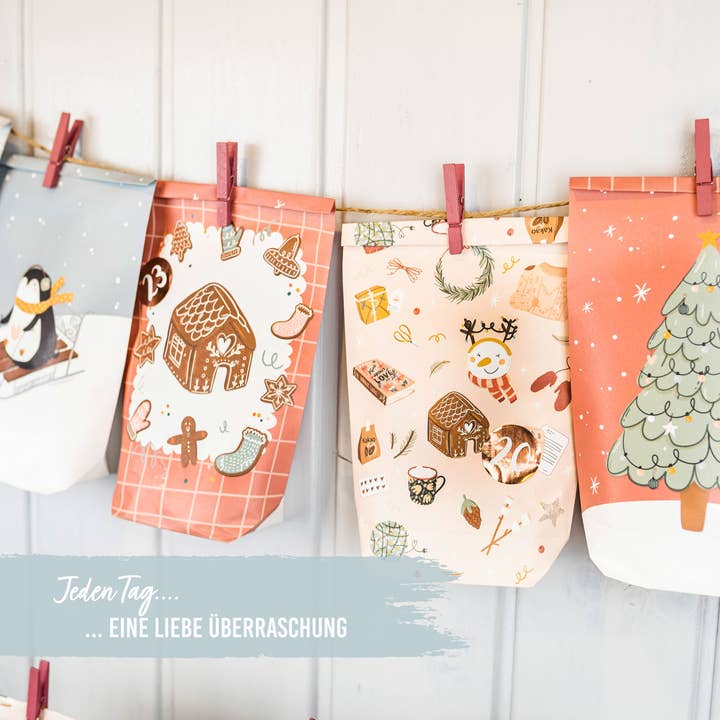 Papierdrachen – Großhandel Adventskalender – Adventskalender mit bedruckten Tüten - Eisblau