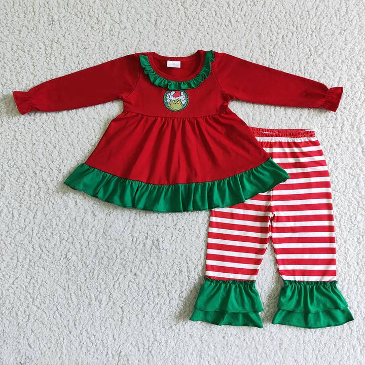 Baby girls Christmas grin ruffle tunic pants sets for wholesale by Aier Wholesale